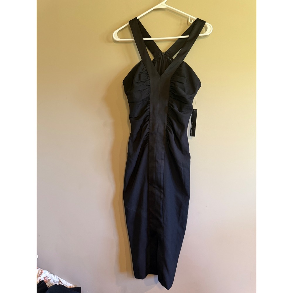 Maggy London Black Crisscross Halter Ruched Midi Cocktail Dress GSM40M Womens 4